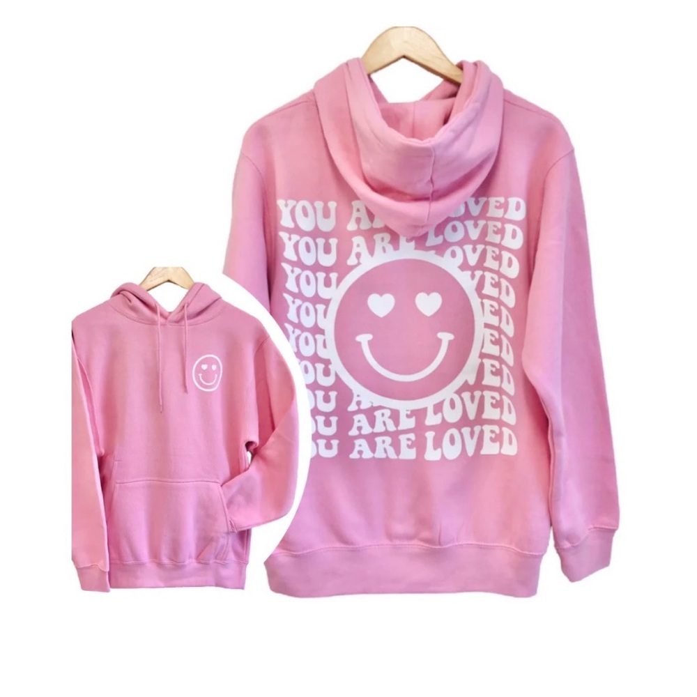 Mother’s Day You Are Loved Smiley Face Pink Hoodie Sweatshirt Size XL